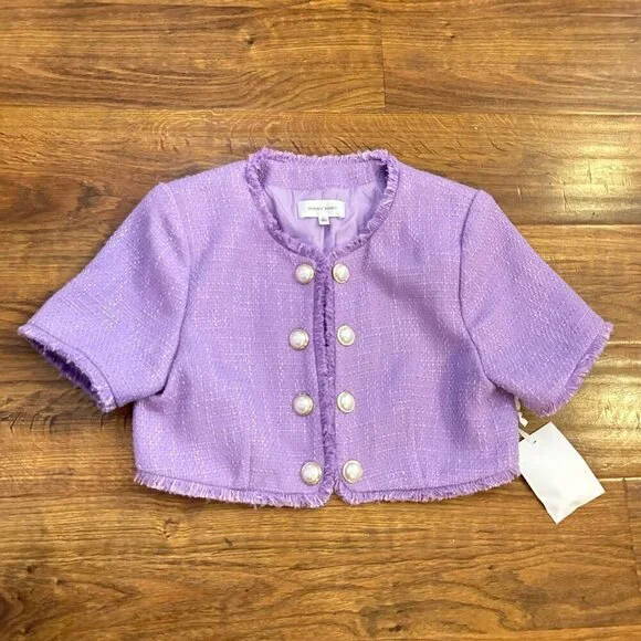 NWT Ronny Kobo Mindy Cropped Short-Sleeve Windowpane Boucle Jacket - Picture 3 of 7